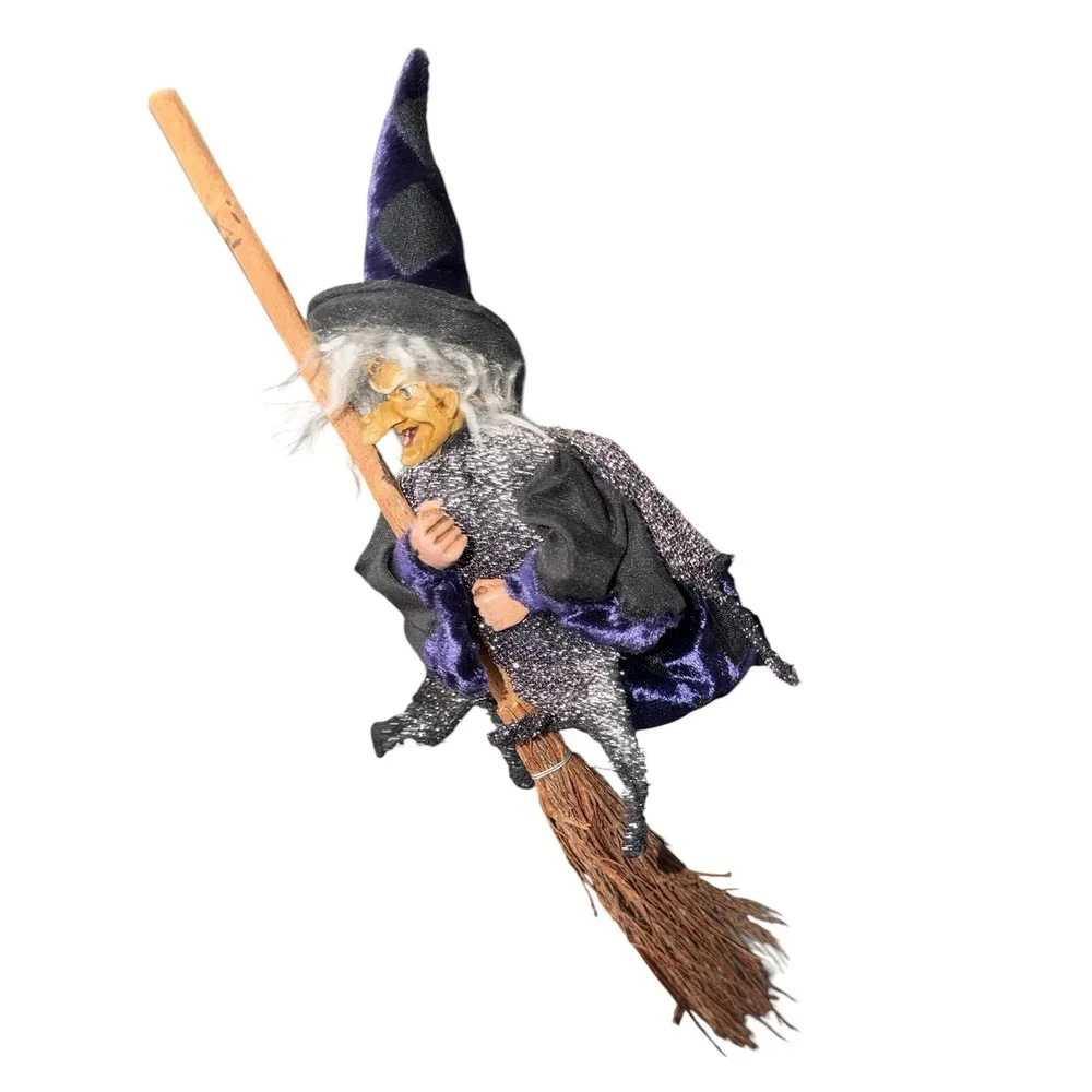 Halloween Retro Mini Hanging Flying Witch on Broomstick Purple Silver Decoration
